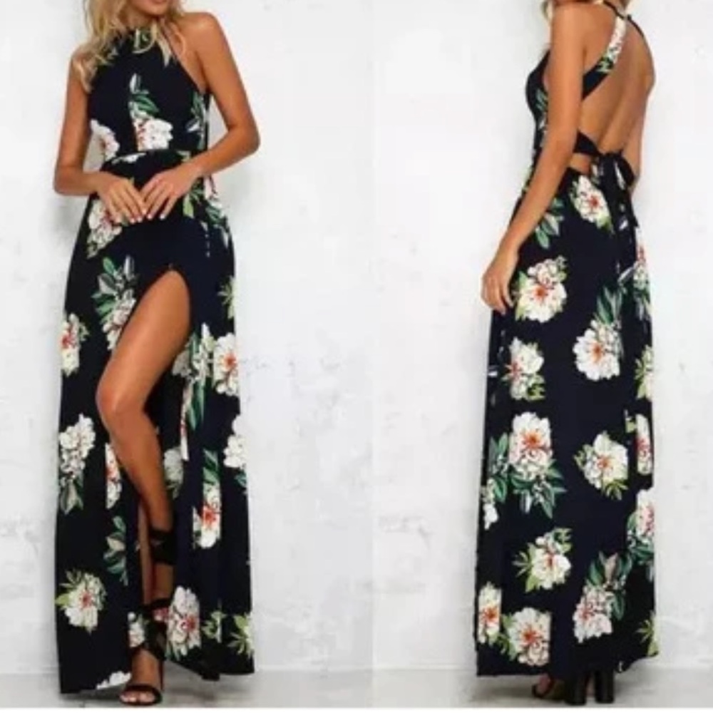 Navy Blue Floral-print Slit Halter Beach Dress